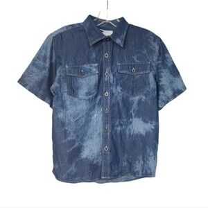 Akademiks Blue Acid Wash Button Down Short Sleeve Boys Shirt M 10-12